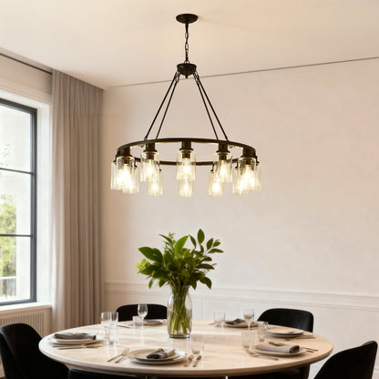 Black wagon wheel chandelier with glass shades, 31.5 inch modern farmhouse pendant light on Tampa Home & Garden Store