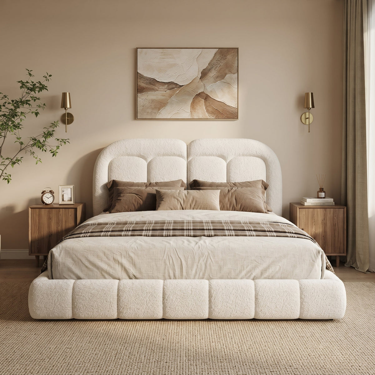 King size boucle upholstered platform bed with tufted headboard in warm beige by HouseOfZazla on Tampa Home & Garden Store