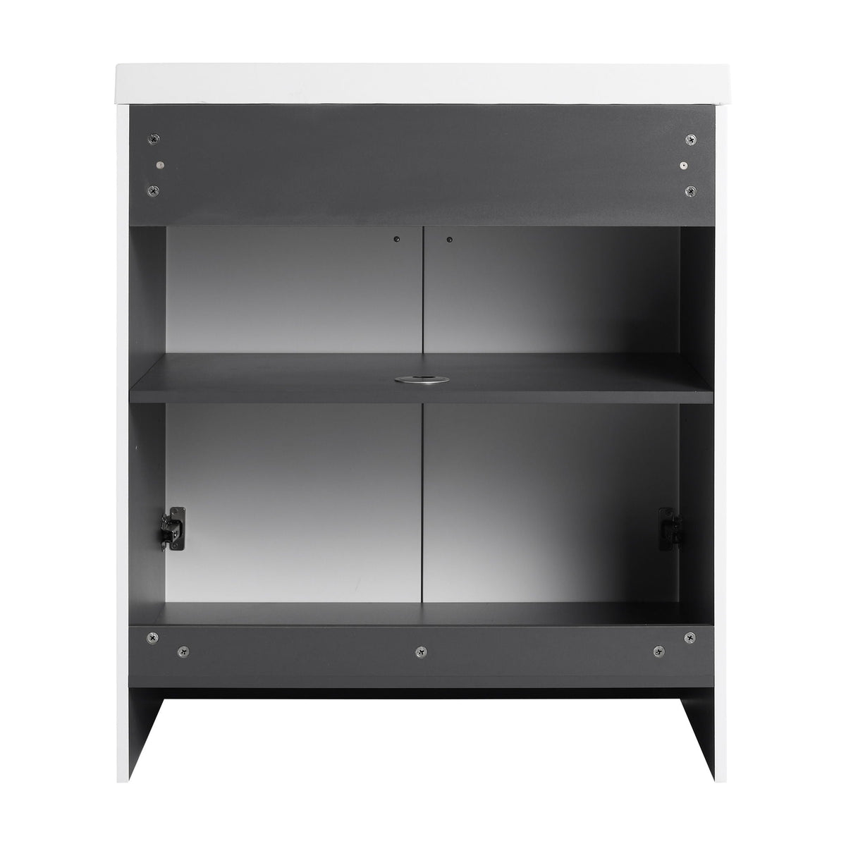 Freestanding bathroom vanity interior in dark gray with white top edge soft-close doors and sink drain hole on Tampa Home & Garden Store