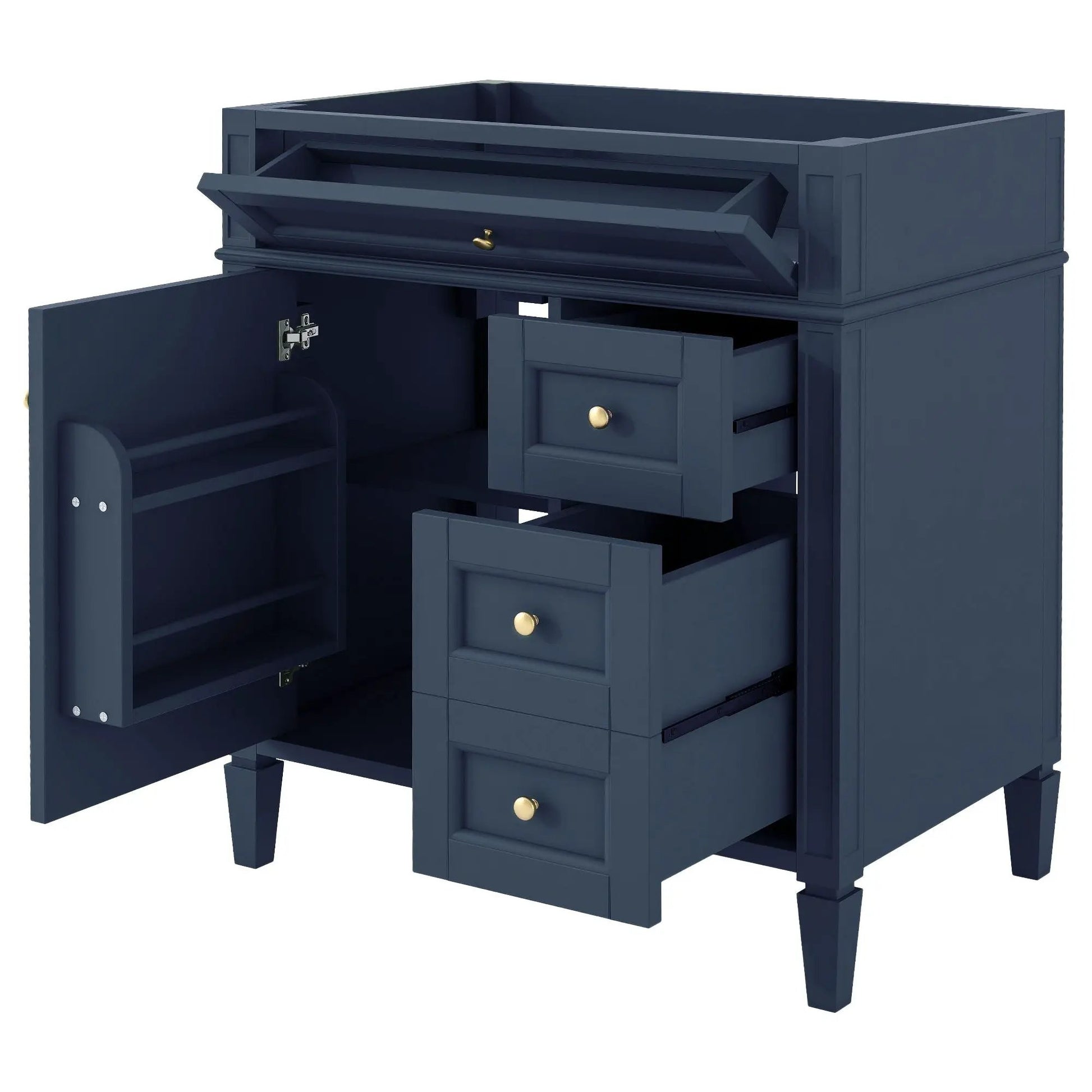 Bathroom vanity with 2 drawers and a tip-out drawer in navy blue, storage cabinet on Tampa Home & Garden Store