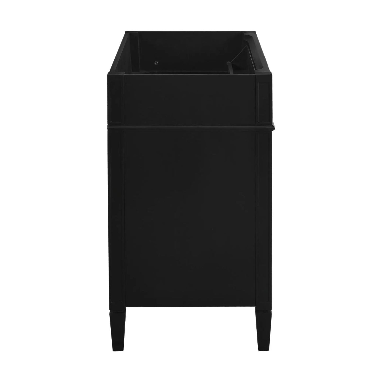 Black bathroom vanity base with open top storage and tapered legs on Tampa Home & Garden Store