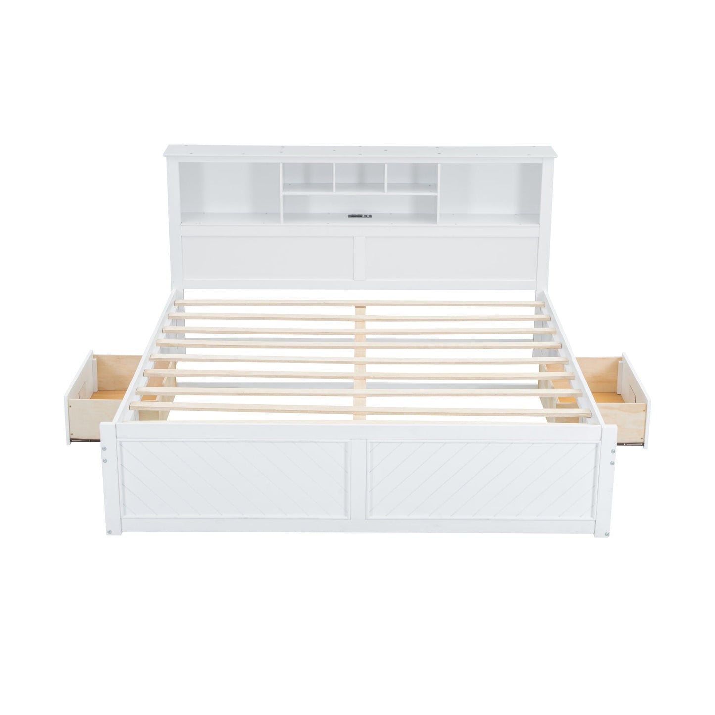 HouseOfZazla white platform bed with multi-storage headboard USB port and two underbed drawers on Tampa Home & Garden Store