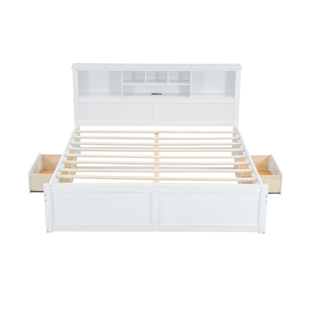 HouseOfZazla white platform bed with multi-storage headboard USB port and two underbed drawers on Tampa Home & Garden Store