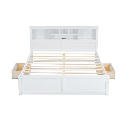 HouseOfZazla white platform bed with multi-storage headboard USB port and two underbed drawers on Tampa Home & Garden Store