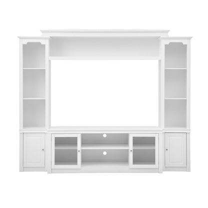 All-In-One TV stand with side bookcases, white finish, glass doors, fits TVs up to 65 inches on Tampa Home & Garden Store