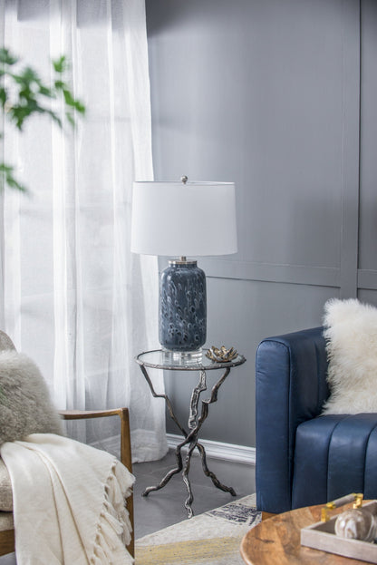 Ellis Glass Table Lamp by HouseOfZazla; blue textured glass base, white drum shade on Tampa Home & Garden Store