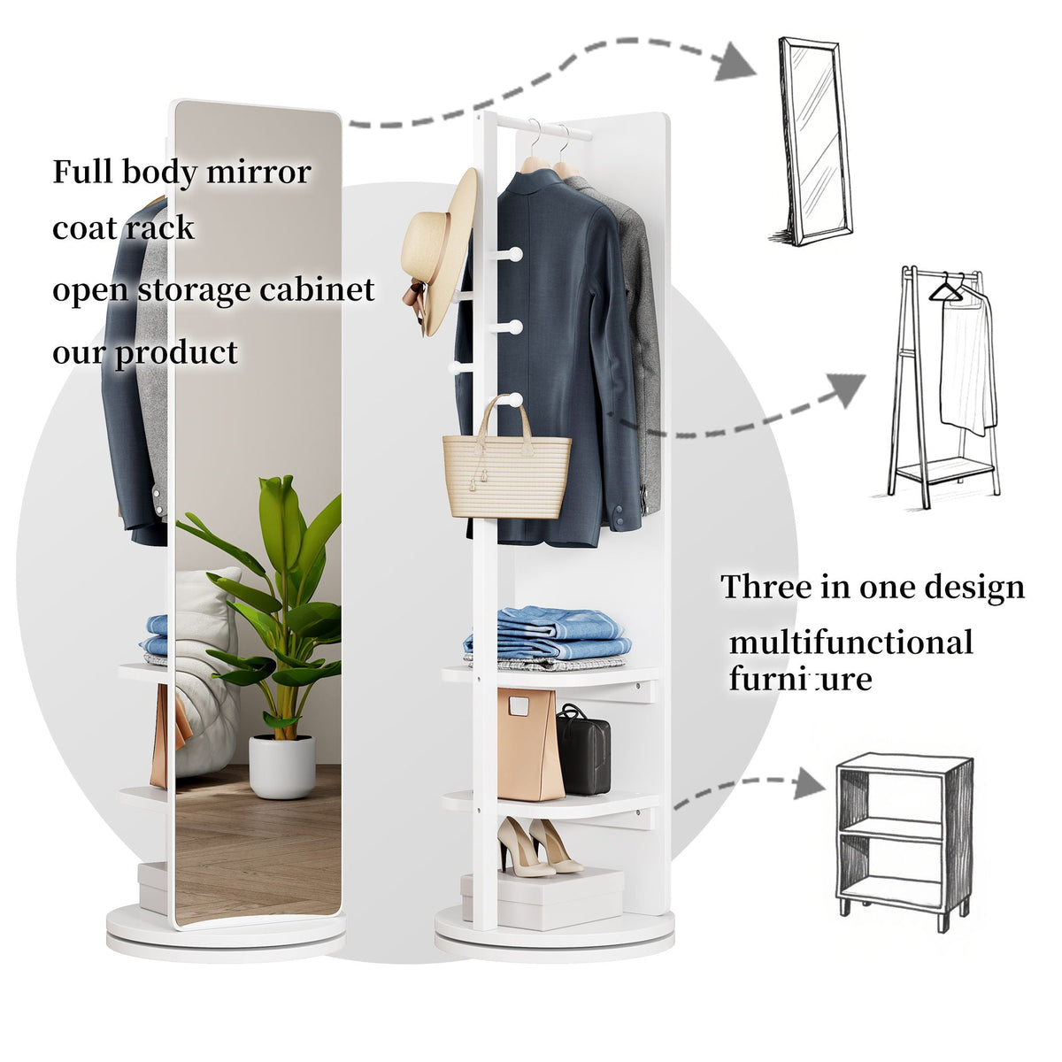 Full-length clothing mirror with rotating coat rack and open storage cabinet by HouseOfZazla on Tampa Home & Garden Store