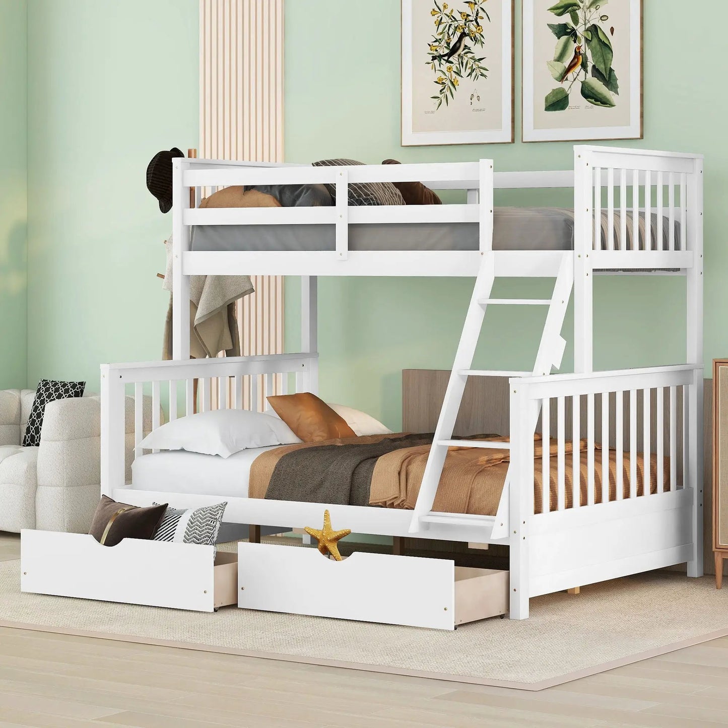 Bunk bed with ladders and 2 storage drawers in white finish by Unique Piece Furniture on Tampa Home & Garden Store