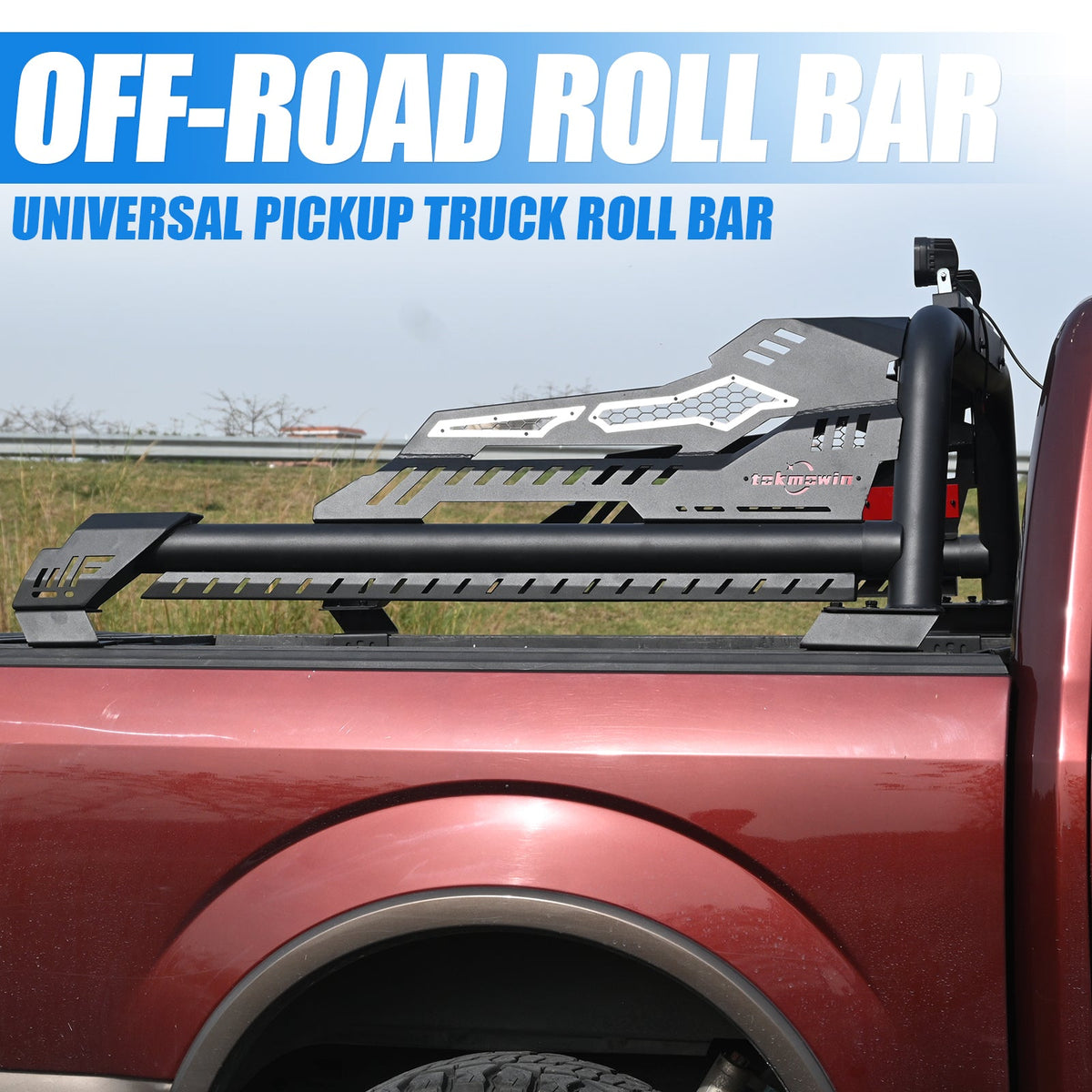 Universal steel truck bed roll bar with honeycomb panels on chase rack mounted on red pickup on Tampa Home & Garden Store