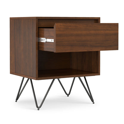 Hunter nightstand with real wood veneer in dark brown, open drawer, hairpin legs on Tampa Home & Garden Store