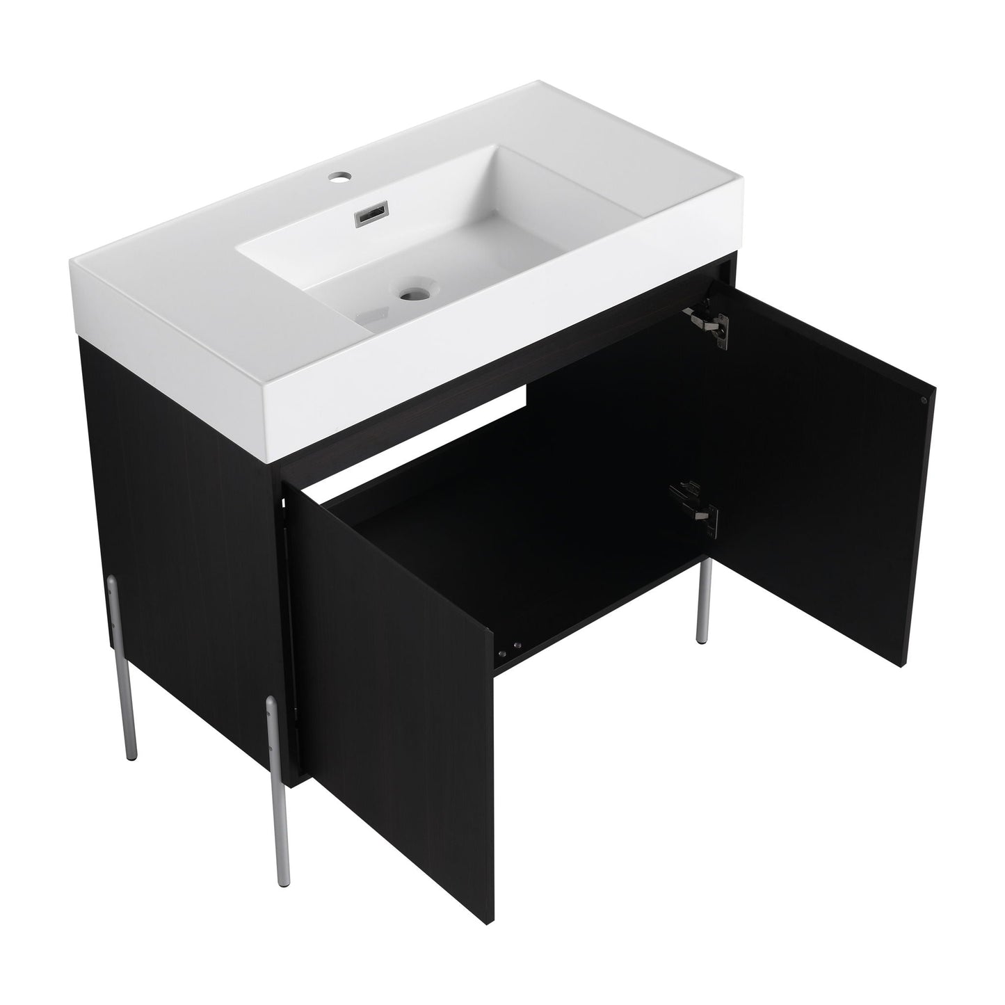 Freestanding bathroom vanity with white resin sink and black two-door storage cabinet on Tampa Home & Garden Store