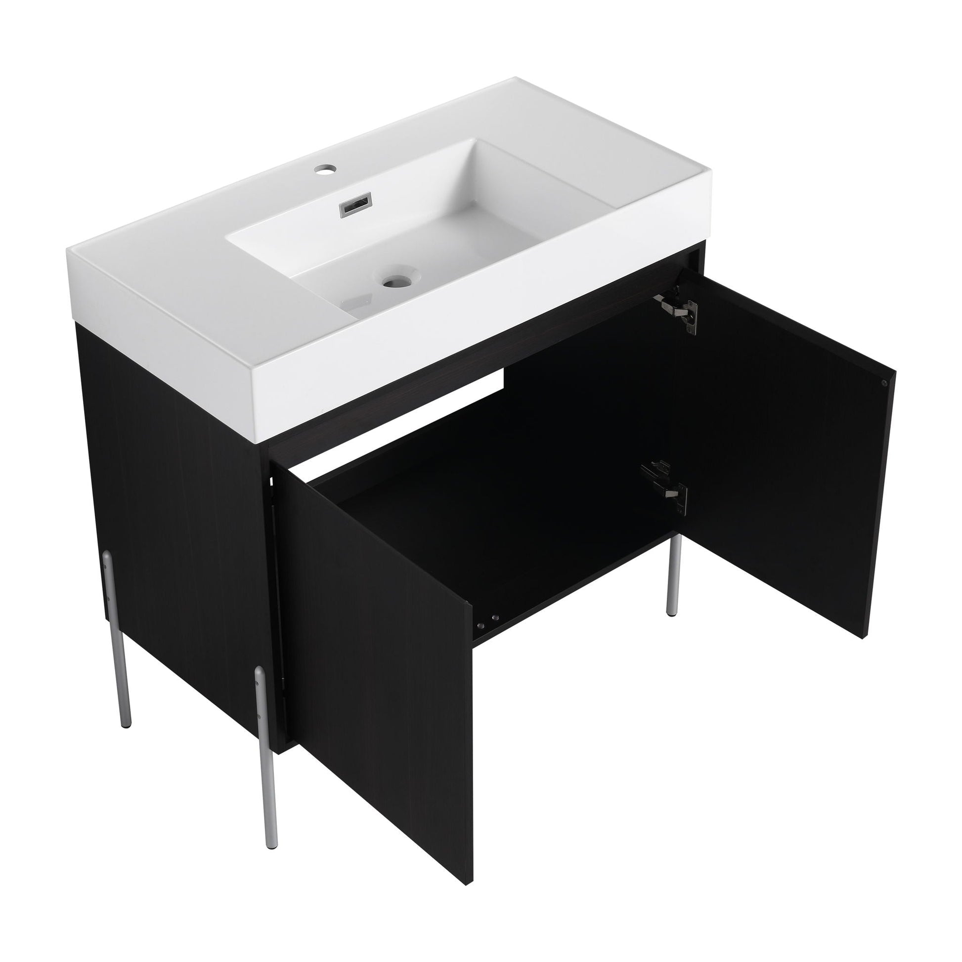 Freestanding bathroom vanity with white resin sink and black two-door storage cabinet on Tampa Home & Garden Store