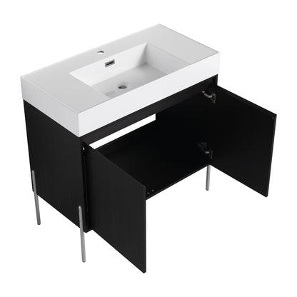 Freestanding bathroom vanity with white resin sink and black two-door storage cabinet on Tampa Home & Garden Store