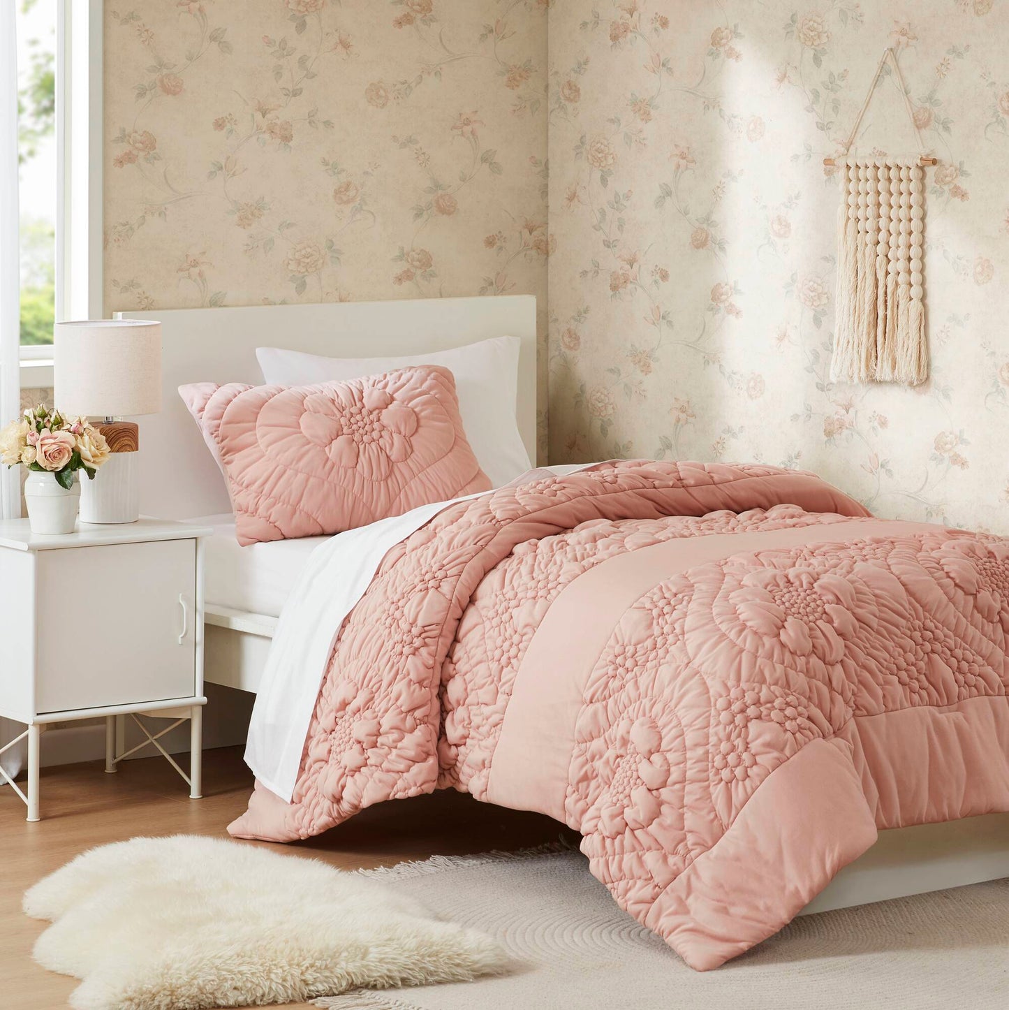3-Piece Full/Queen Comforter Set by HouseOfZazla in pink quilted design with matching shams on Tampa Home & Garden Store