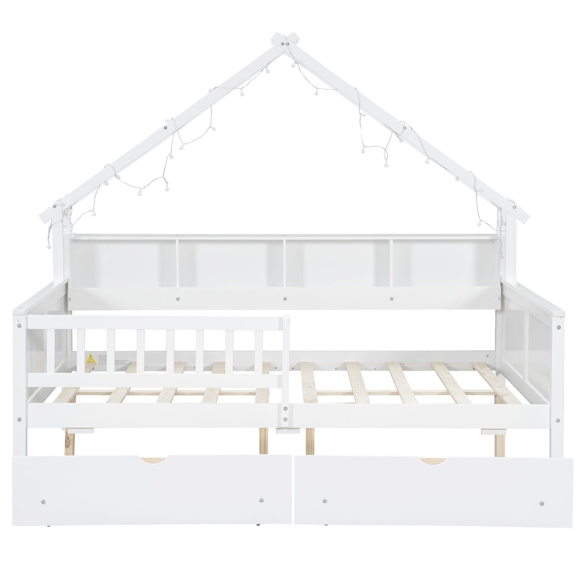 House Style Platform Bed with LED lights, canopy frame, white storage shelves with drawers on Tampa Home & Garden Store