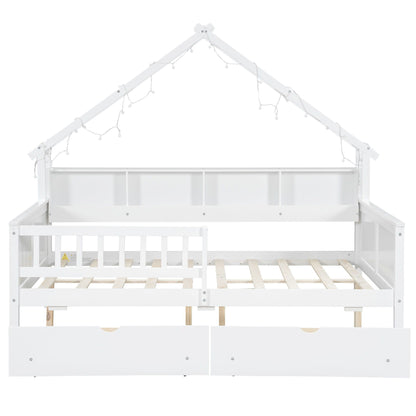 House Style Platform Bed with LED lights, canopy frame, white storage shelves with drawers on Tampa Home & Garden Store