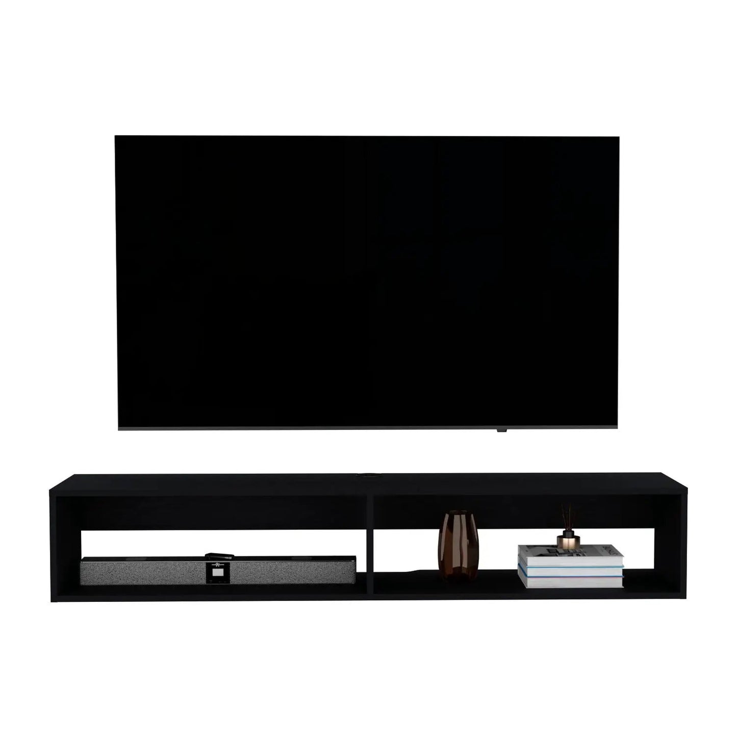 Moore Floating TV Stand black wall-mounted console with two open bays and decorative items on Tampa Home & Garden Store