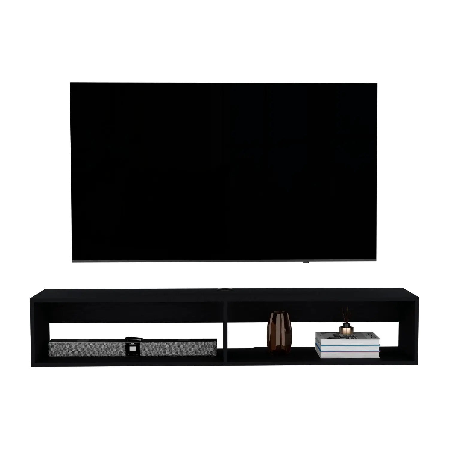 Moore Floating TV Stand black wall-mounted console with two open bays and decorative items on Tampa Home & Garden Store