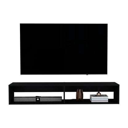 Moore Floating TV Stand black wall-mounted console with two open bays and decorative items on Tampa Home & Garden Store