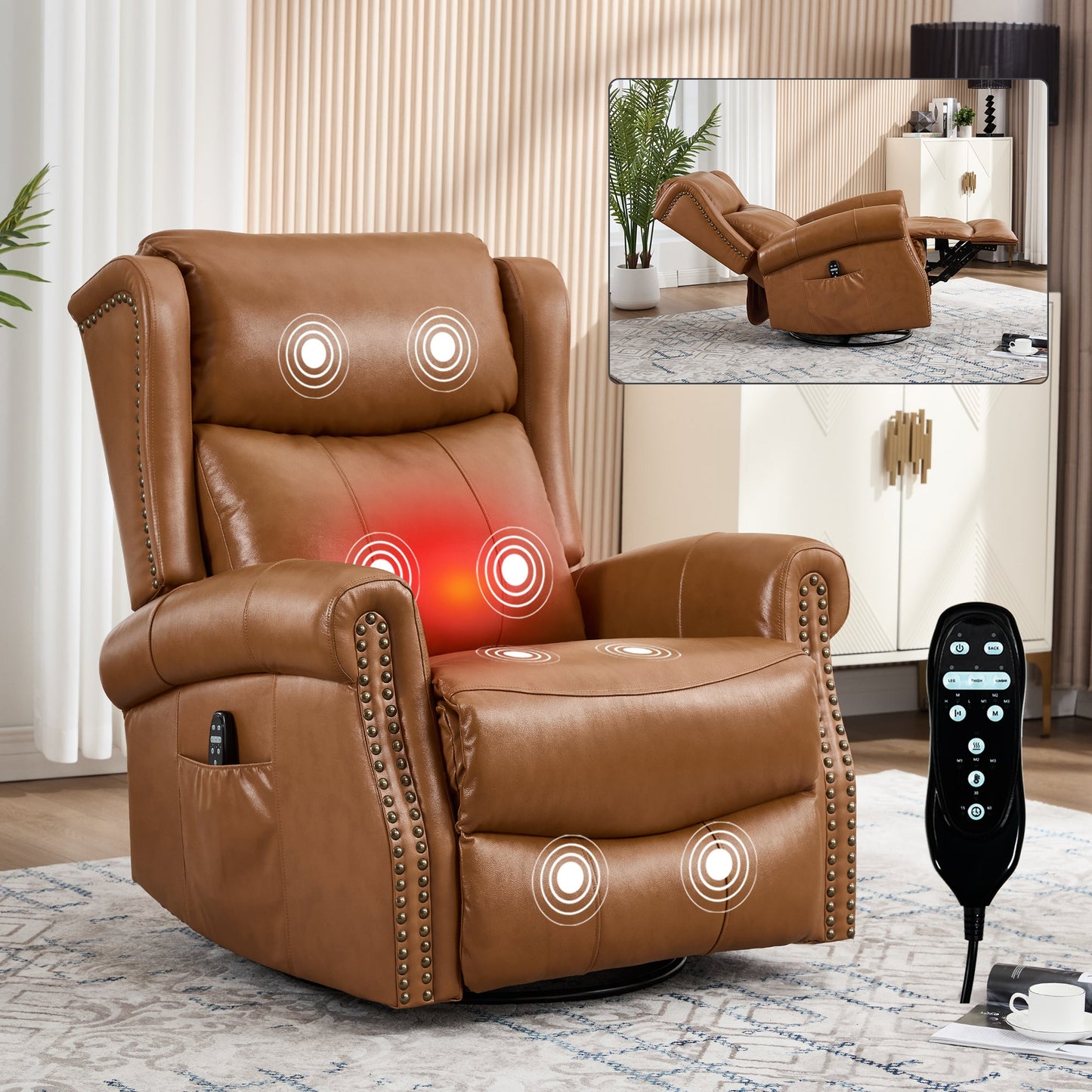 Heat Massage Manual Recliner Chair by HouseOfZazla in brown leather with remote on Tampa Home & Garden Store