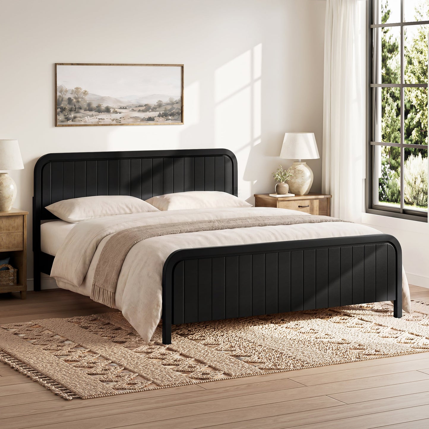King Bed Frame with Headboard in black metal, beige bedding in a modern bedroom on Tampa Home & Garden Store