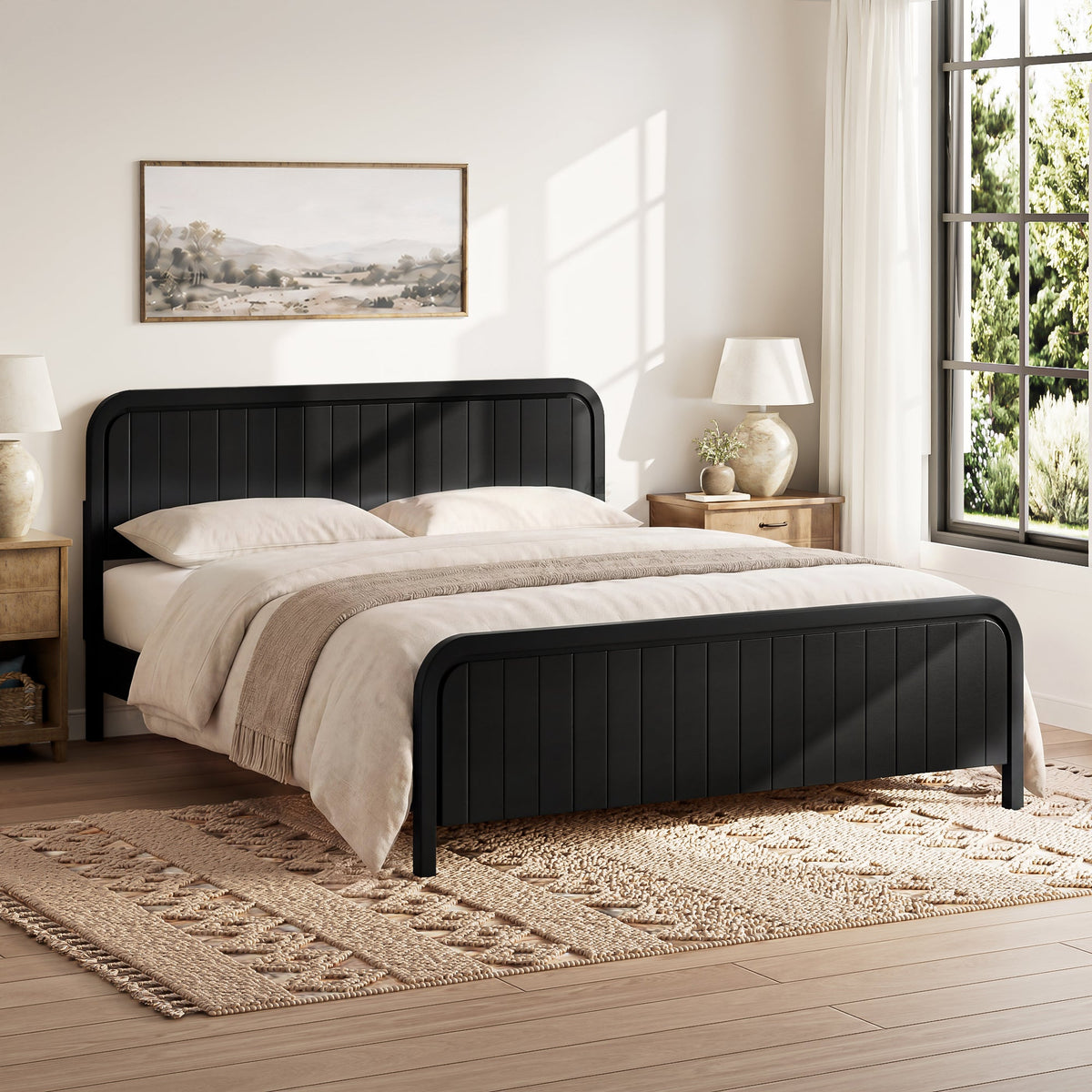 King Bed Frame with Headboard in black metal, beige bedding in a modern bedroom on Tampa Home & Garden Store