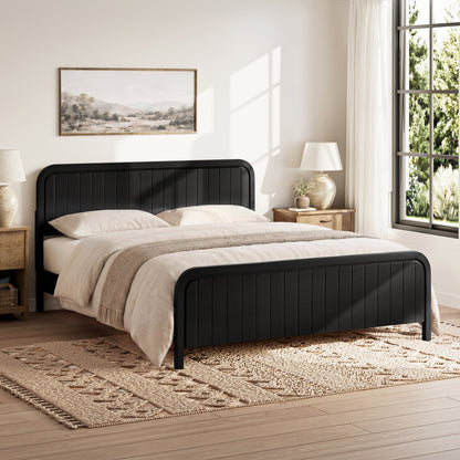 King Bed Frame with Headboard in black metal, beige bedding in a modern bedroom on Tampa Home & Garden Store