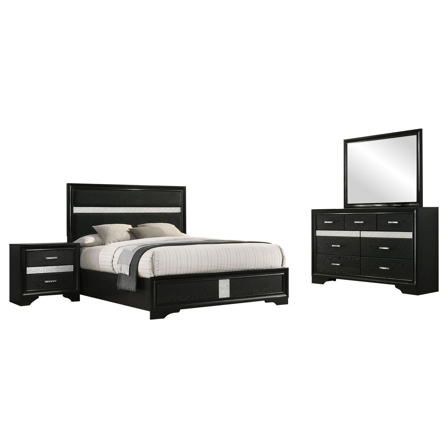 Annie 4 Piece Bedroom Set in black gloss with mirrored accents; bed, dresser, 2 nightstands on Tampa Home & Garden Store