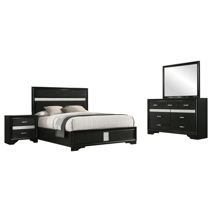 Annie 4 Piece Bedroom Set in black gloss with mirrored accents; bed, dresser, 2 nightstands on Tampa Home & Garden Store