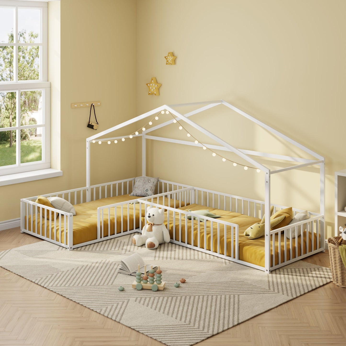 L-Shaped Montessori Canopy Bed for 2 kids with partitioned fence, white canopy on Tampa Home & Garden Store
