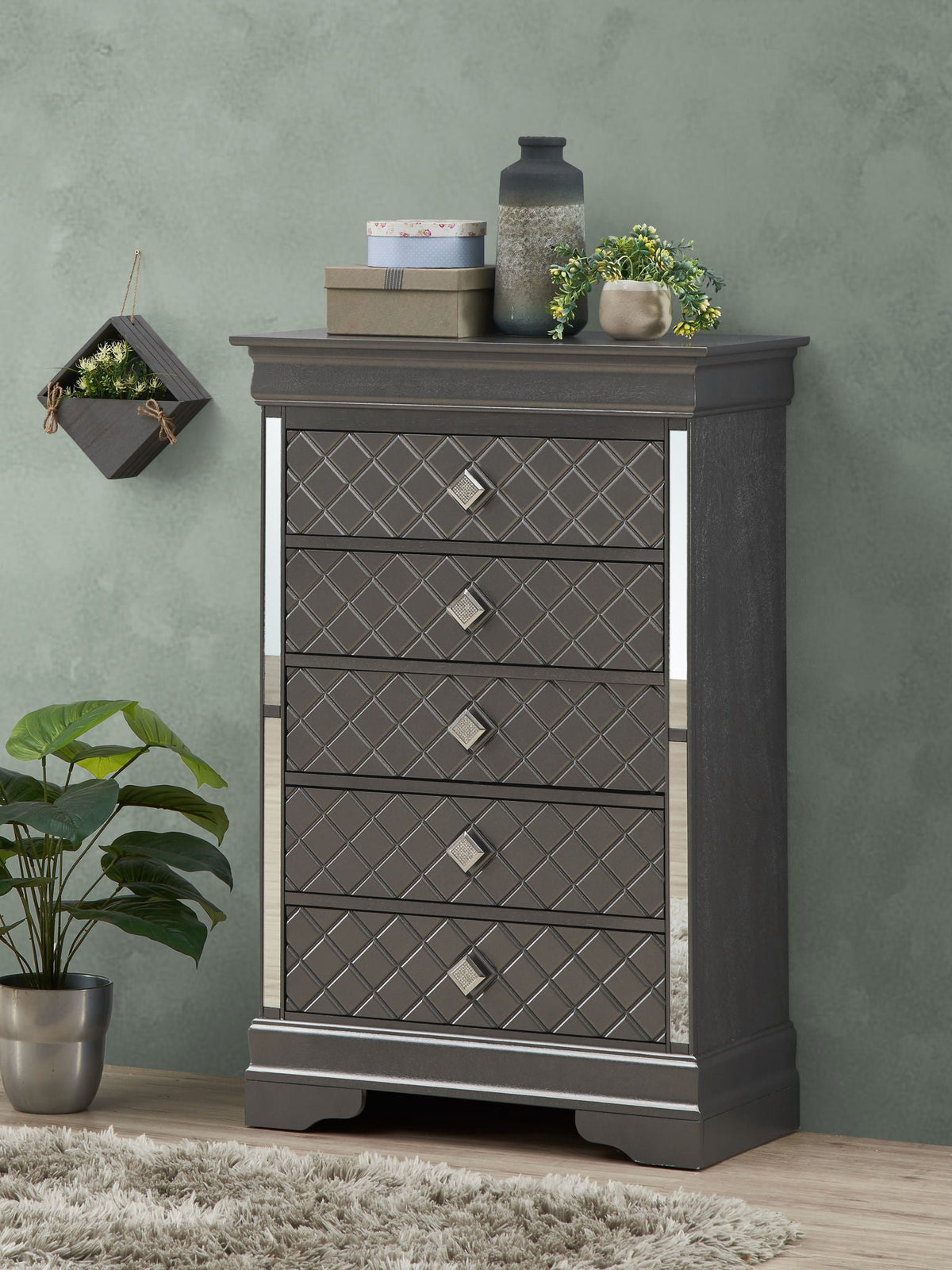 Embossed X design accent chest with crystal pulls in dark gray finish, diamond front on Tampa Home & Garden Store