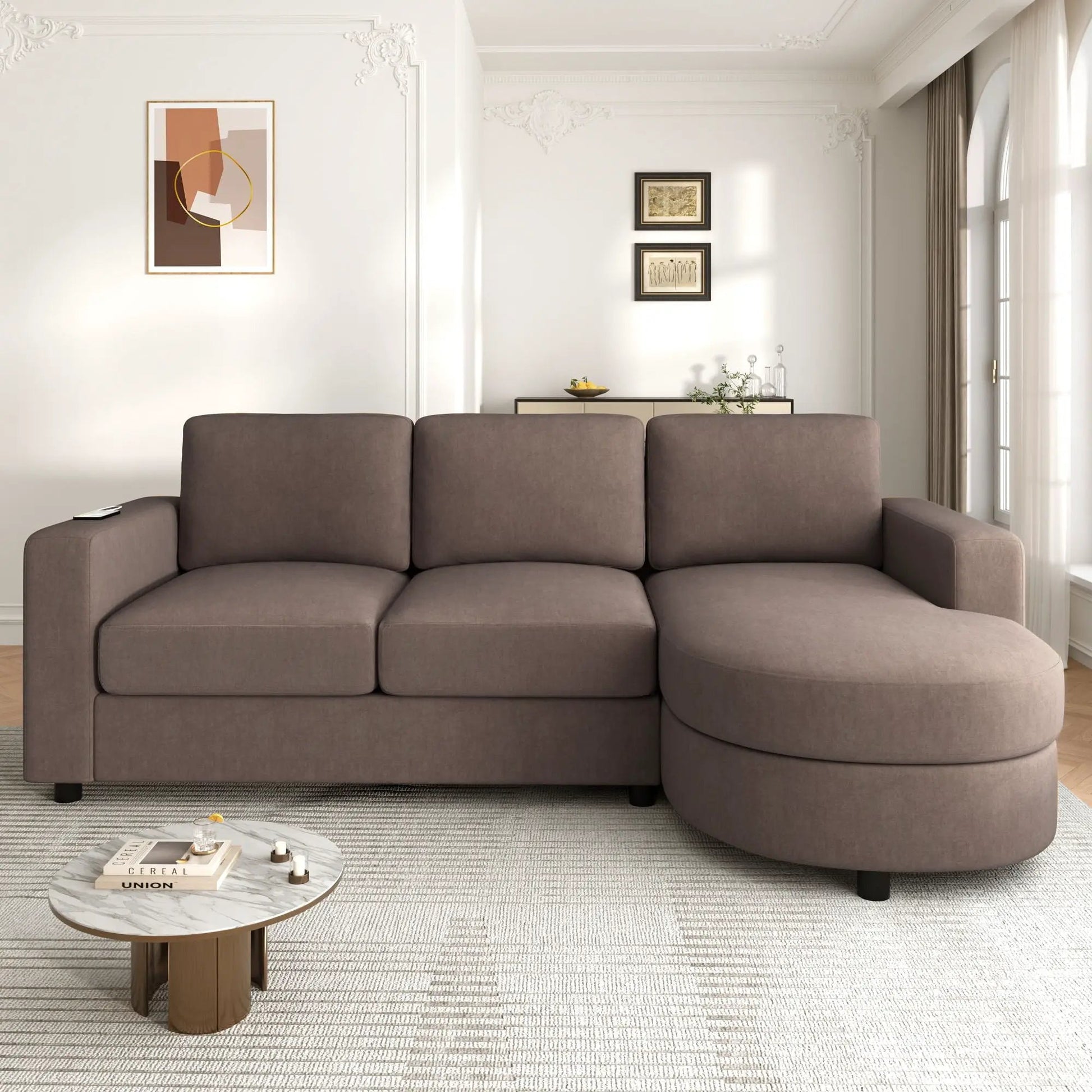 Modern L-shaped sectional sofa in brown fabric with curved chaise on Tampa Home & Garden Store