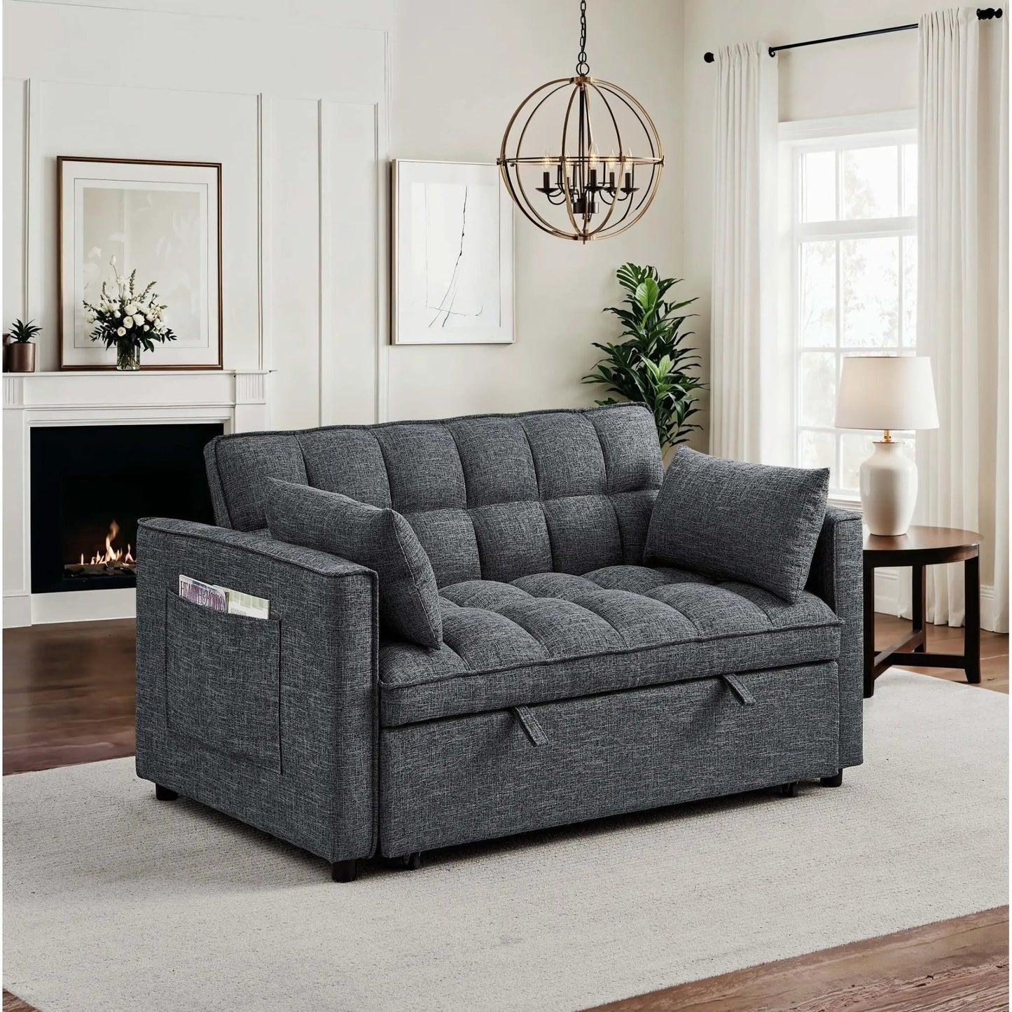 Sienna tufted convertible sleeper sofa with chaise gray fabric by Unique Piece Furniture in a cozy living room on Tampa Home & Garden Store