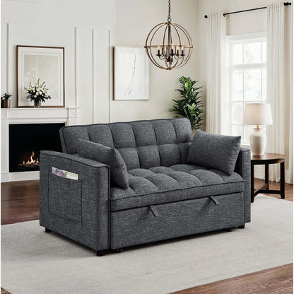 Sienna tufted convertible sleeper sofa with chaise gray fabric by Unique Piece Furniture in a cozy living room on Tampa Home & Garden Store