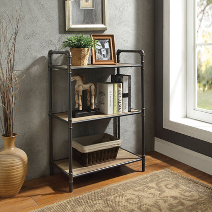 Itzel Antique Bookshelf - Gray/Oak etagere with metal frame, 3 tiers, plant and photo accents on Tampa Home & Garden Store