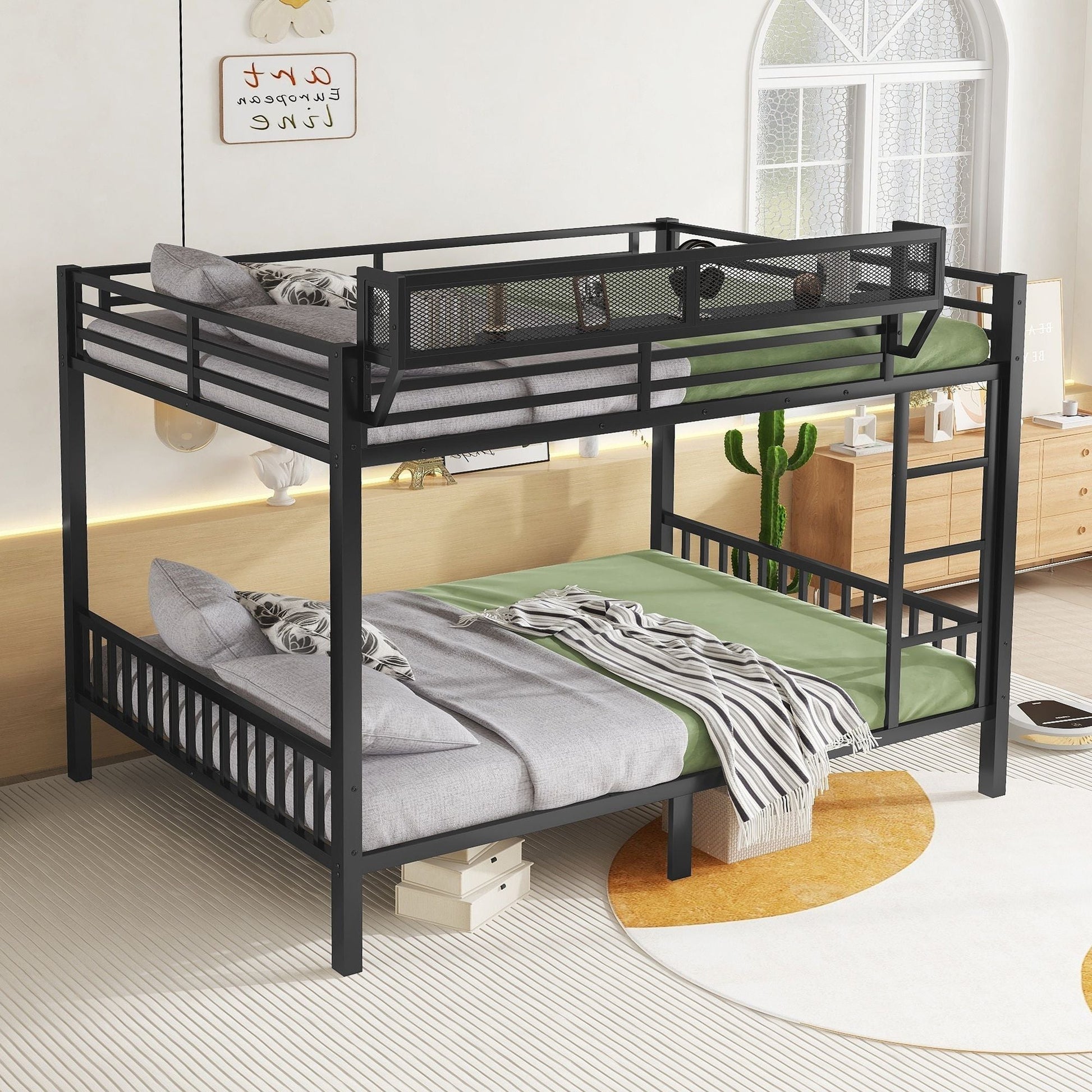 Queen over Queen bunk bed with black metal frame, ladder and storage shelf by HouseOfZazla on Tampa Home & Garden Store