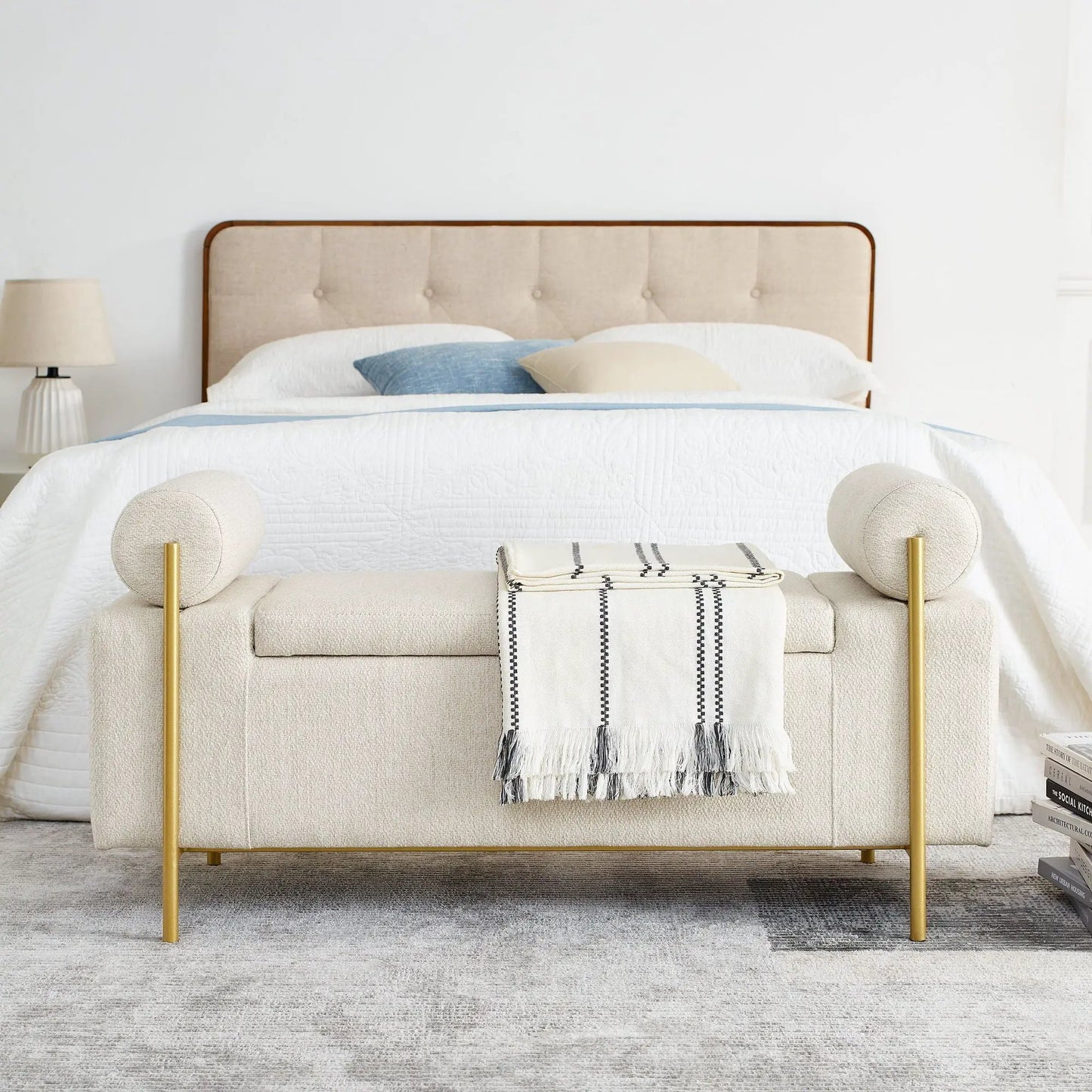 Elegant upholstered storage bench with cylindrical arms, beige fabric and iron legs on Tampa Home & Garden Store
