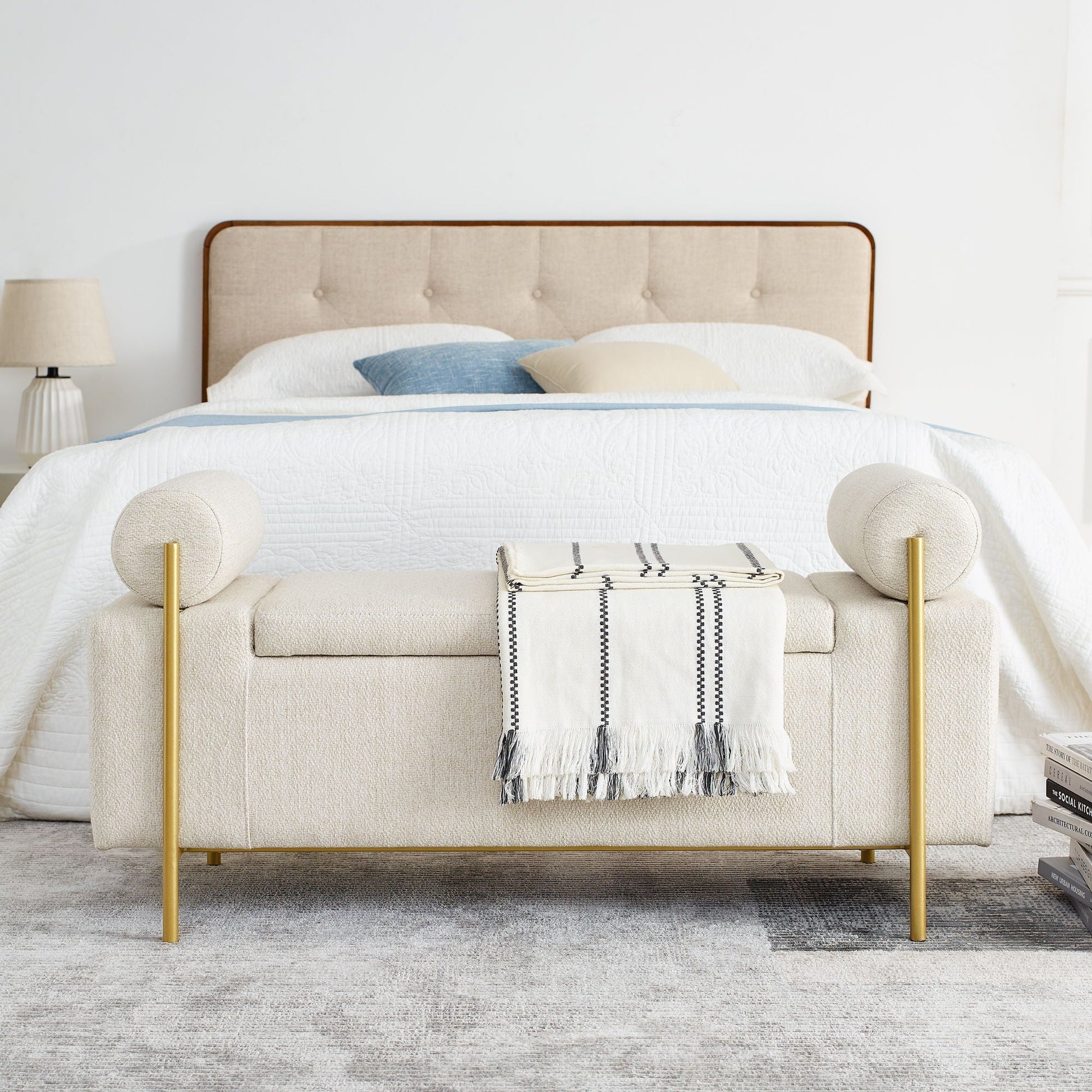 Elegant upholstered storage bench with cylindrical arms, beige fabric and iron legs on Tampa Home & Garden Store