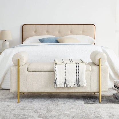 Elegant upholstered storage bench with cylindrical arms, beige fabric and iron legs on Tampa Home & Garden Store