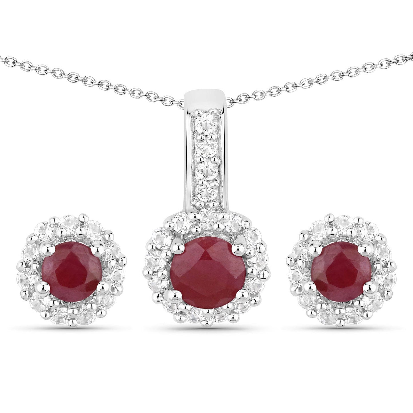 Sterling silver jewelry set with ruby centers and topaz halos; pendant and two earrings on Tampa Home & Garden Store