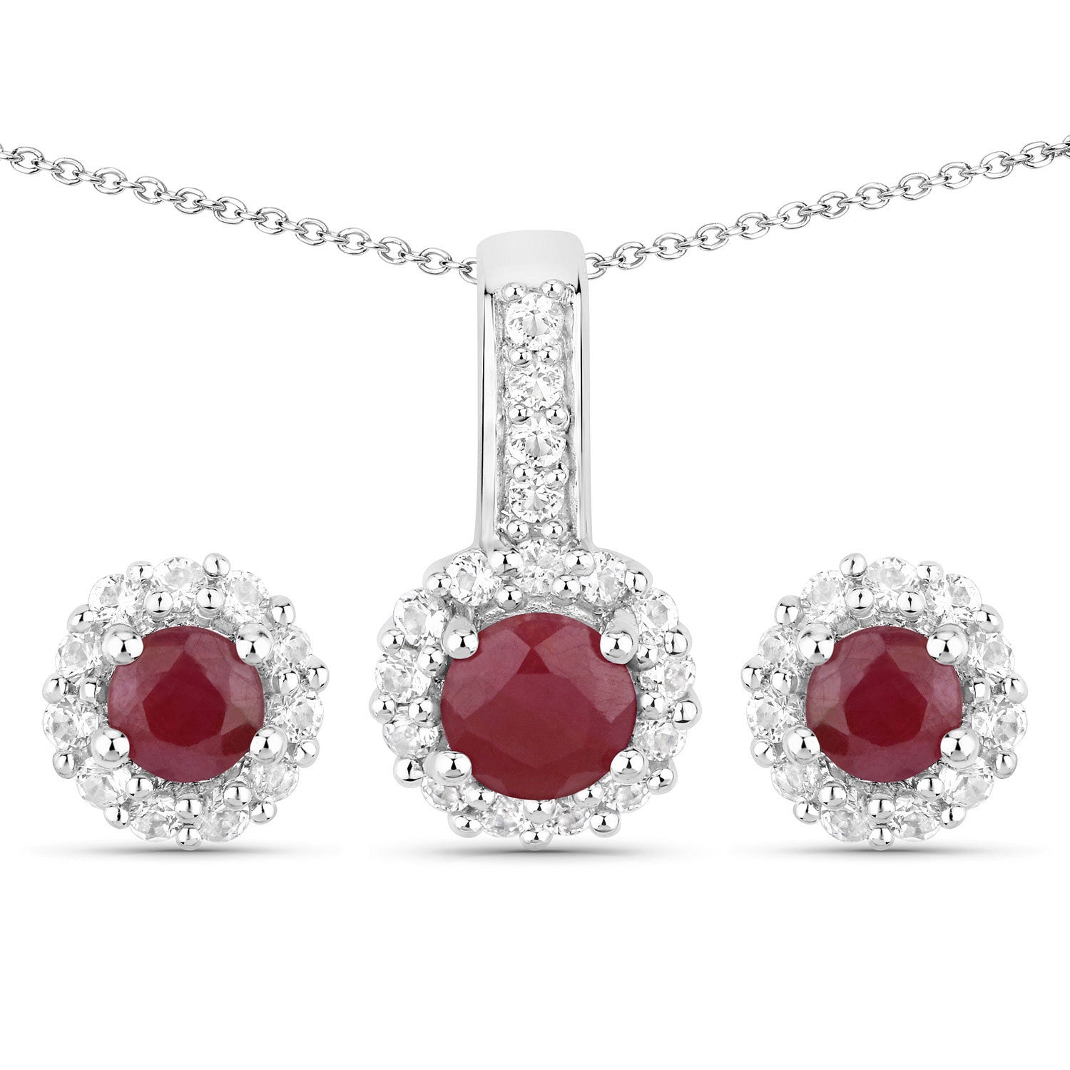 Sterling silver jewelry set with ruby centers and topaz halos; pendant and two earrings on Tampa Home & Garden Store
