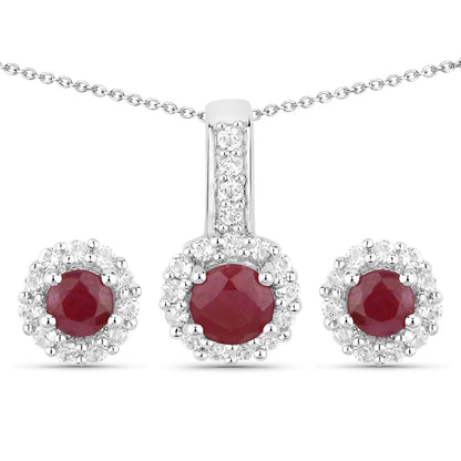 Sterling silver jewelry set with ruby centers and topaz halos; pendant and two earrings on Tampa Home & Garden Store