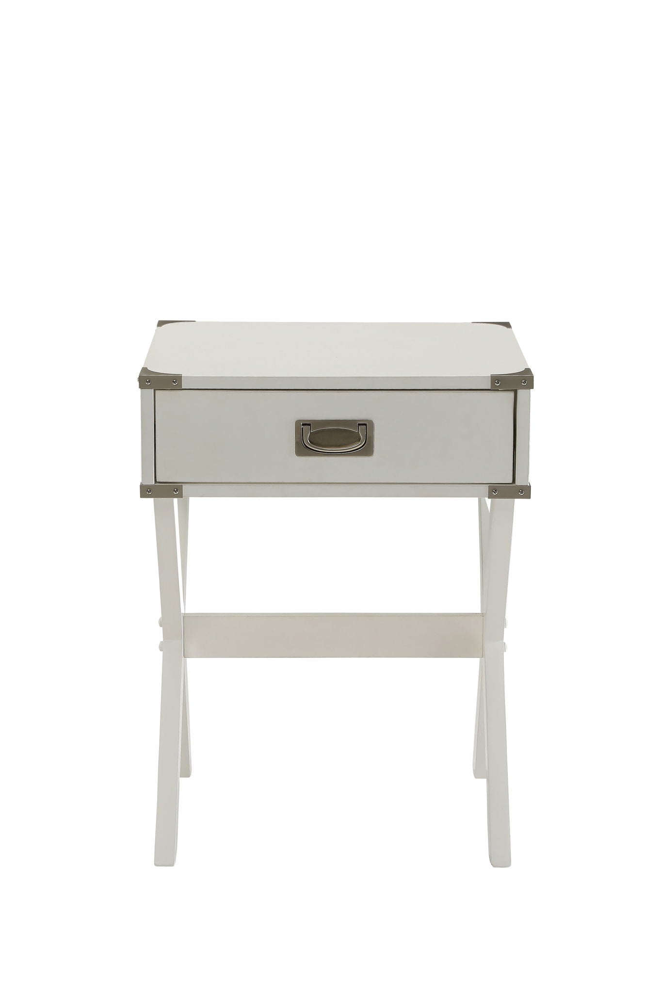 Babs Accent Table white metal nightstand with chrome corner brackets and single drawer HouseOfZazla on Tampa Home & Garden Store