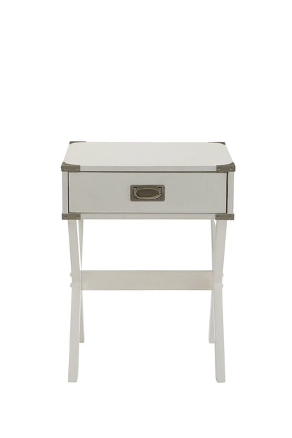 Babs Accent Table white metal nightstand with chrome corner brackets and single drawer HouseOfZazla on Tampa Home & Garden Store