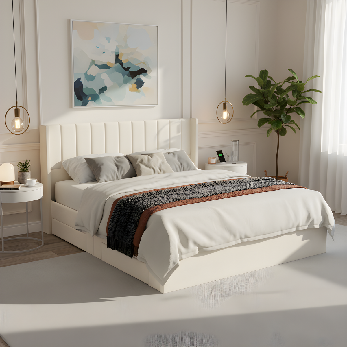 Large-Capacity Upholstered Storage Bed with Drawers by HouseOfZazla, white fabric bed frame on Tampa Home & Garden Store