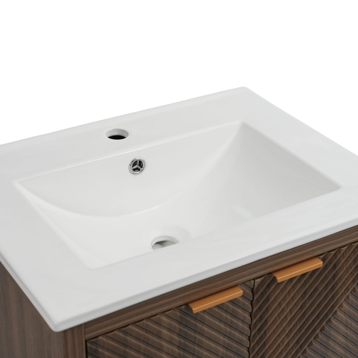Modern bathroom vanity with sink ceramic white top on dark brown wood cabinet with gold handles on Tampa Home & Garden Store