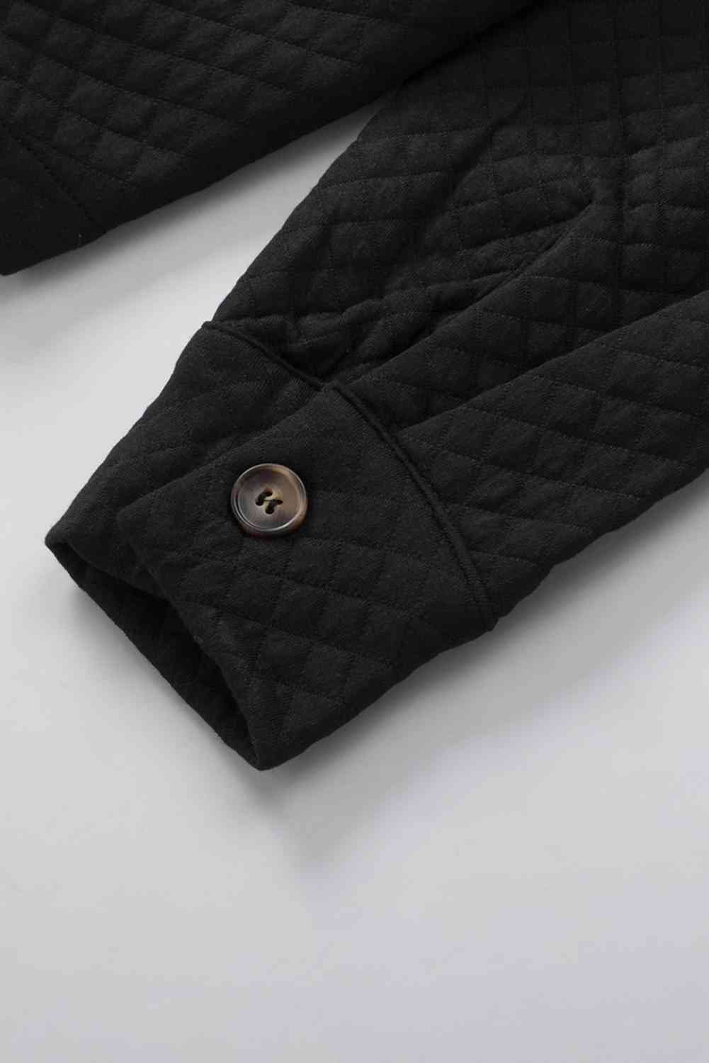 Comfortable Button-Down Collared Jacket Stevvex black quilted fabric with brown button cuff on Tampa Home & Garden Store