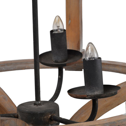 3-Light Wood Drum Chandelier with brown finish and black metal candle-style cups on Tampa Home & Garden Store
