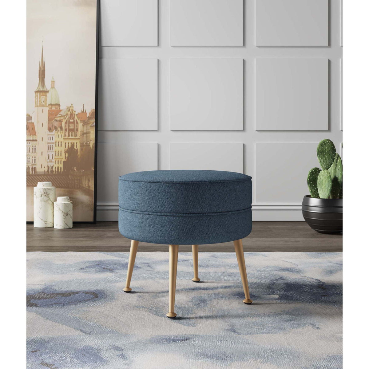 Bailey Upholstered Accent Ottoman blue fabric with light wood legs in living room on Tampa Home & Garden Store