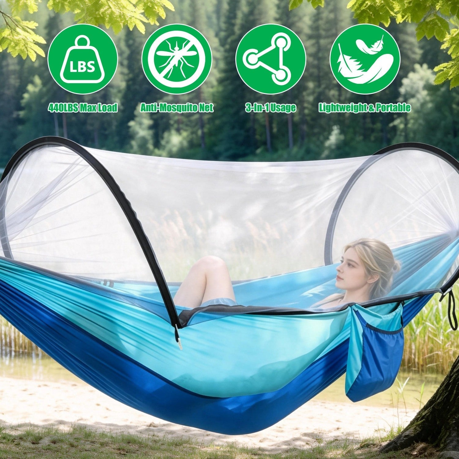 Camping Hammock with Mosquito Net, blue, GemGear, 440lbs max load, 3-in-1 portable on Tampa Home & Garden Store